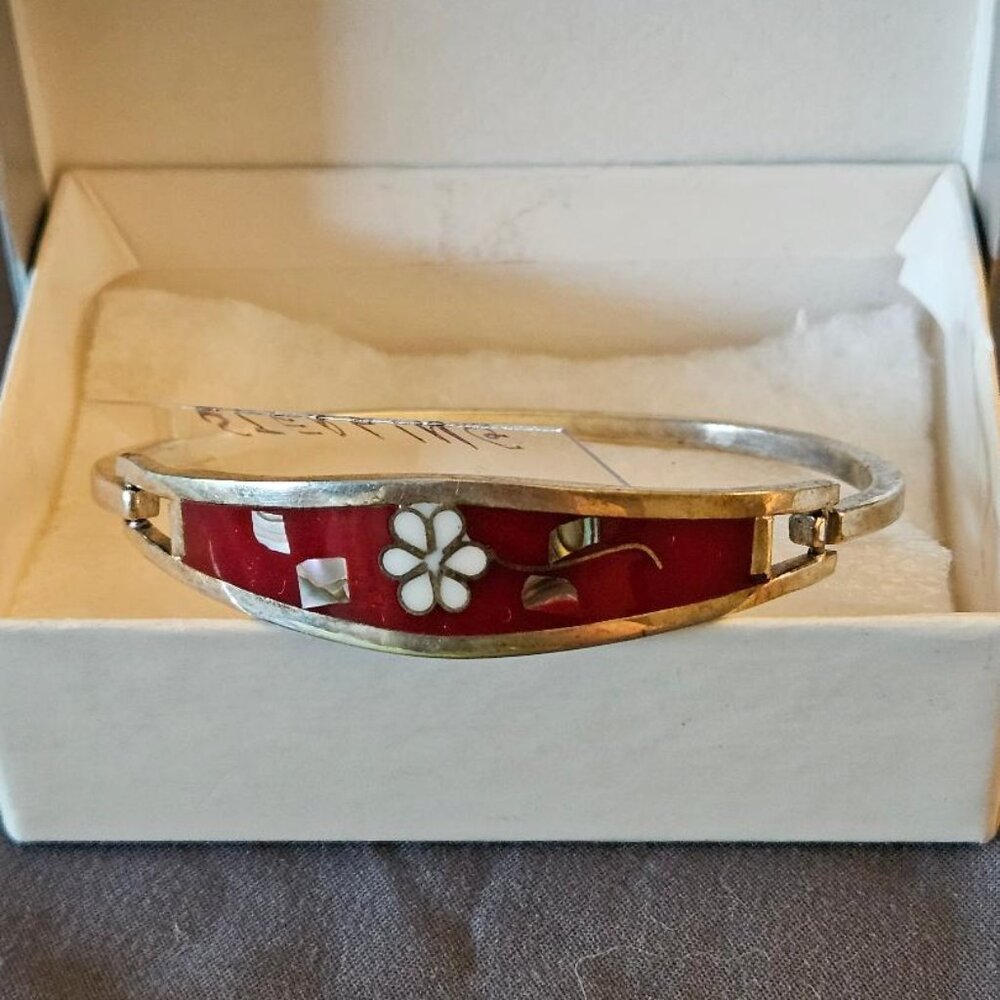 Vintage Floral Abalone Shell Hinged Bangle Bracelet Silver Tone Estate Jewelry